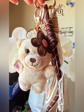 Build-A-Bear Cream Plush Bear Keychain with Brown Flower Charm